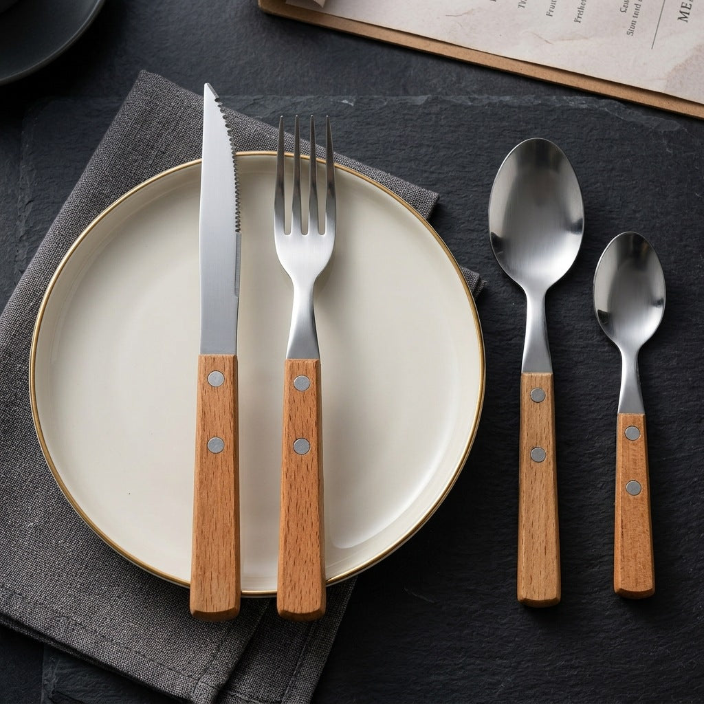 12-Piece Stainless Steel Cutlery Set with Wooden Handles, view 4