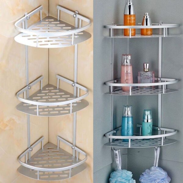 3-Tier Aluminium Bathroom Corner Shelf, Silver, Wall-Mounting