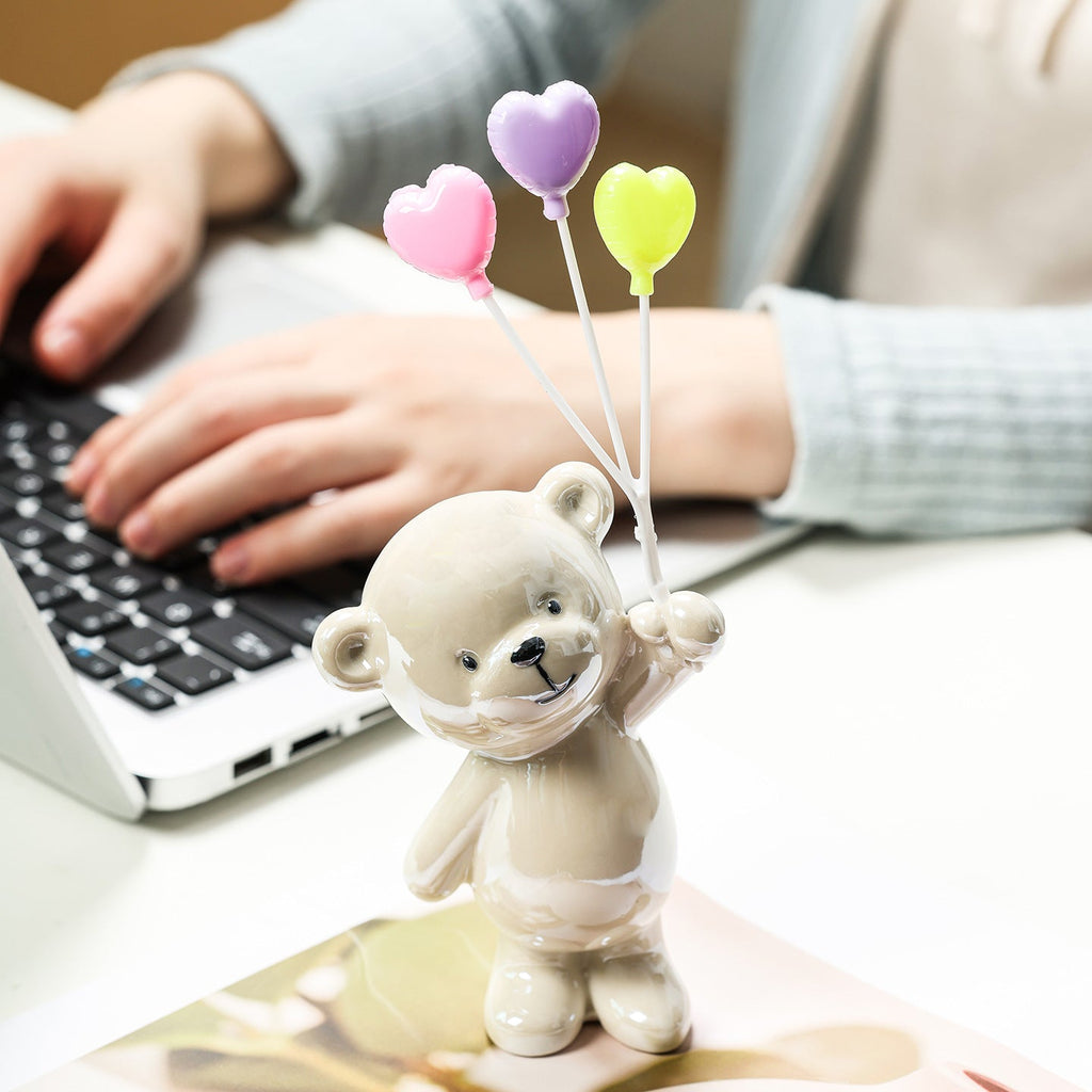 Cute Ceramic Bear Figurine with Balloons | High & Bury