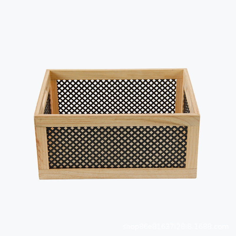 Wood Storage Box with Decorative Mesh Elements | High & Bury