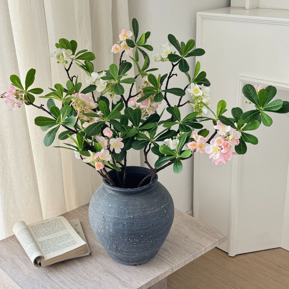 Artificial Flower Branch with Fine Pink Flowers and Vibrant Leaves | High & Bury