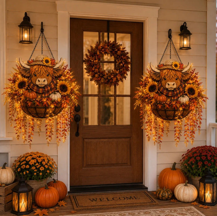 Autumn Hanging Porch Basket Decoration with Highland Cow Face Sunflowers Pumpkins and LED Fairy Lights | High & Bury
