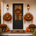 Autumn Hanging Porch Basket Decoration with Highland Cow Face Sunflowers Pumpkins and LED Fairy Lights | High & Bury