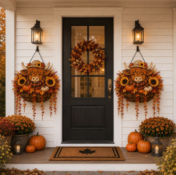 Autumn Hanging Porch Basket Decoration with Highland Cow Face Sunflowers Pumpkins and LED Fairy Lights | High & Bury