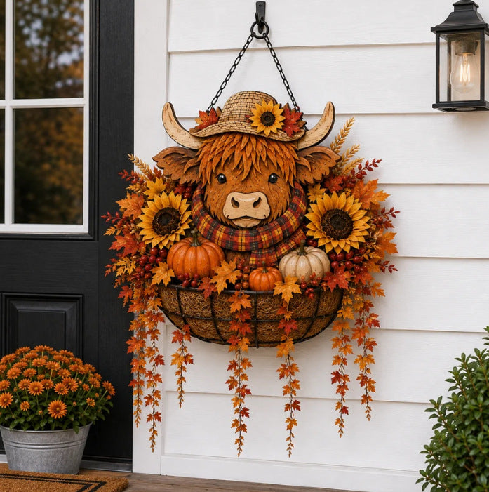 Autumn Hanging Porch Basket Decoration with Highland Cow Face Sunflowers Pumpkins and LED Fairy Lights | High & Bury