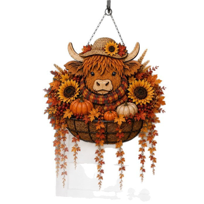 Autumn Hanging Porch Basket Decoration with Highland Cow Face Sunflowers Pumpkins and LED Fairy Lights | High & Bury