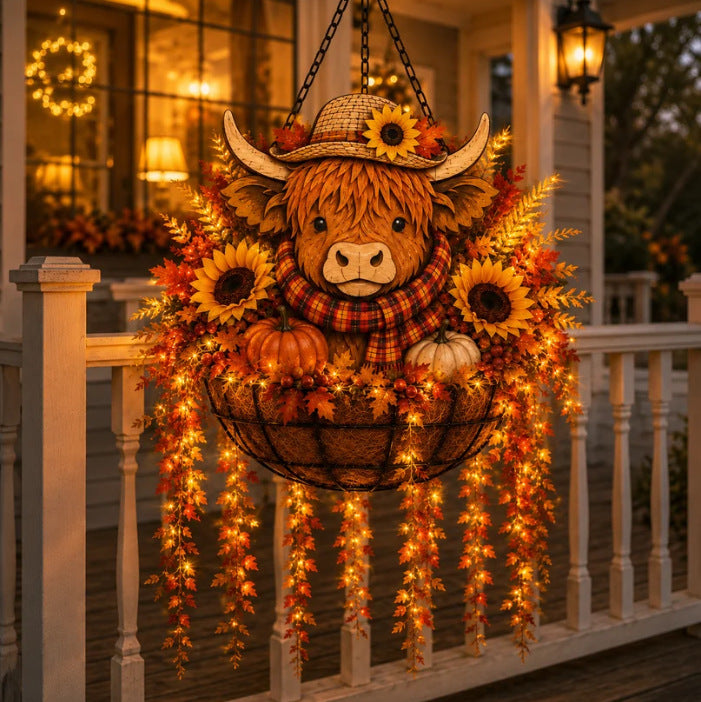 Autumn Hanging Porch Basket Decoration with Highland Cow Face Sunflowers Pumpkins and LED Fairy Lights | High & Bury