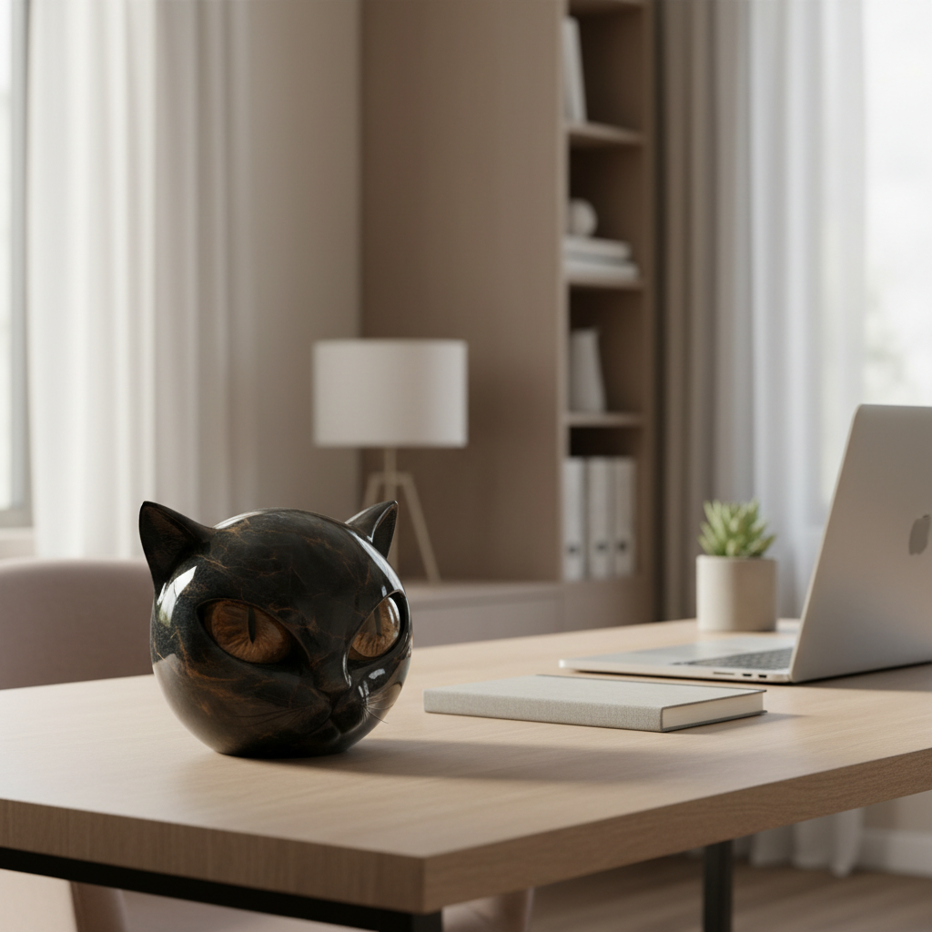 Black Cat Head Decorative Sculpture in Glossy Resin with Hypnotic Eyes, view 2