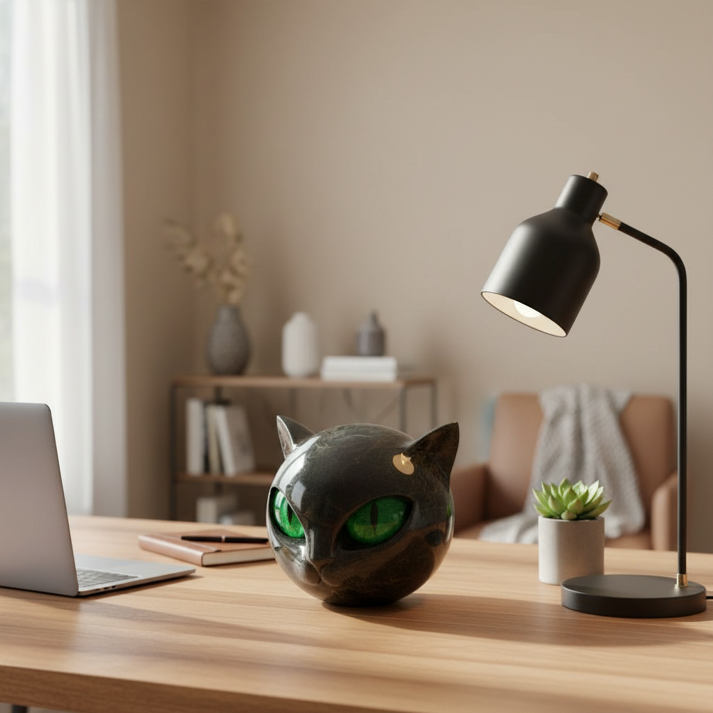 Black Cat Head Decorative Sculpture in Glossy Resin with Hypnotic Eyes, view 3