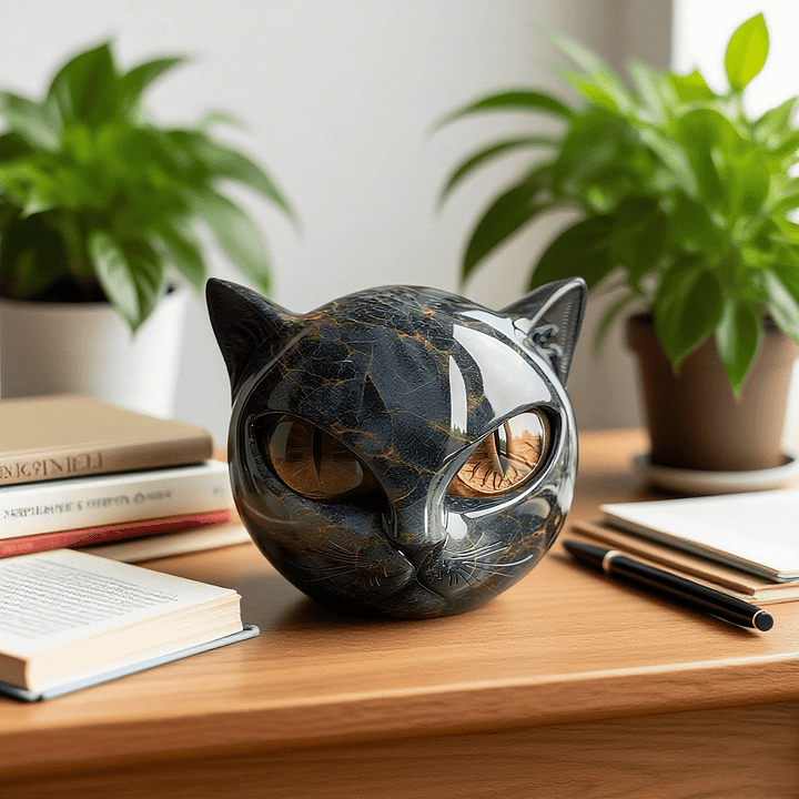 Black Cat Head Decorative Sculpture in Glossy Resin with Hypnotic Eyes, view 5