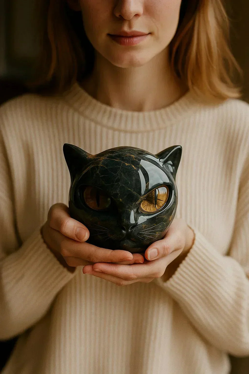 Black Cat Head Decorative Sculpture in Glossy Resin with Hypnotic Eyes, view 6
