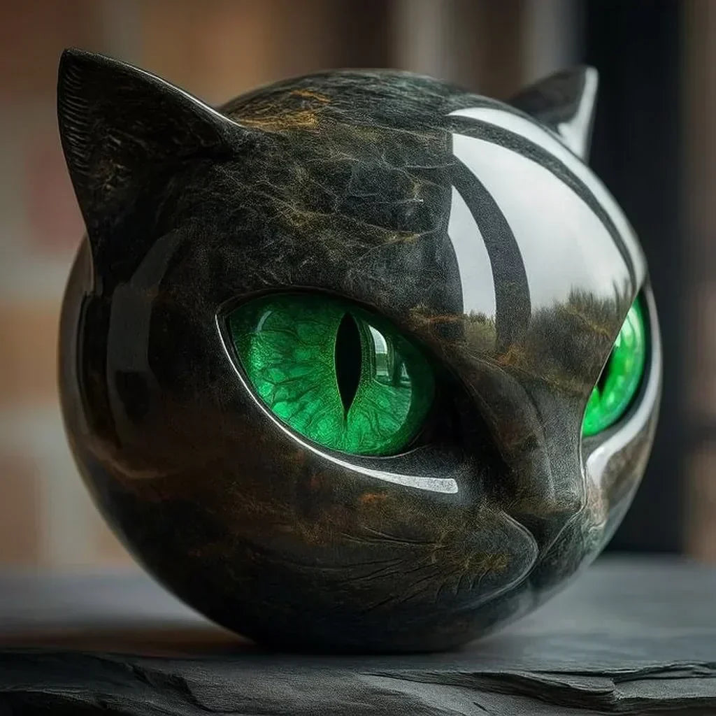 Black Cat Head Decorative Sculpture in Glossy Resin with Hypnotic Eyes, view 7