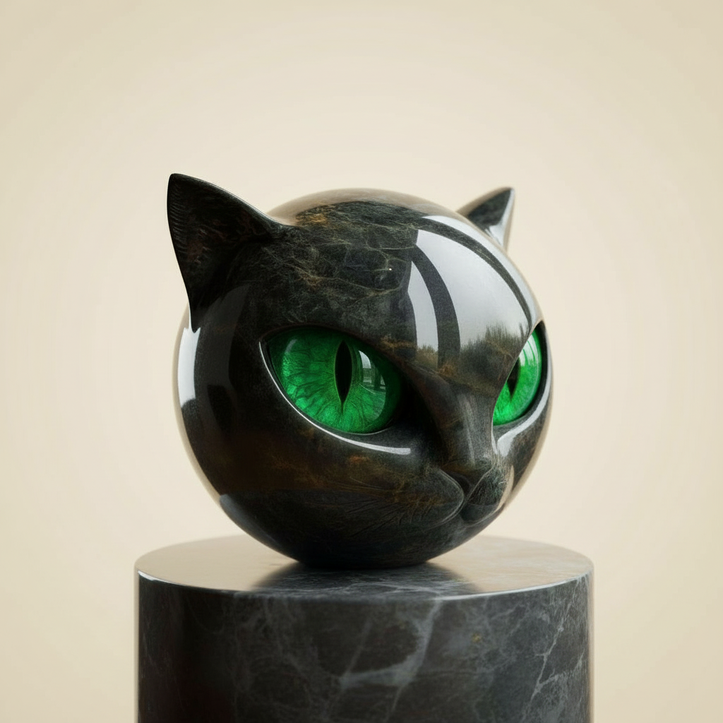 Black Cat Head Decorative Sculpture in Glossy Resin with Hypnotic Eyes