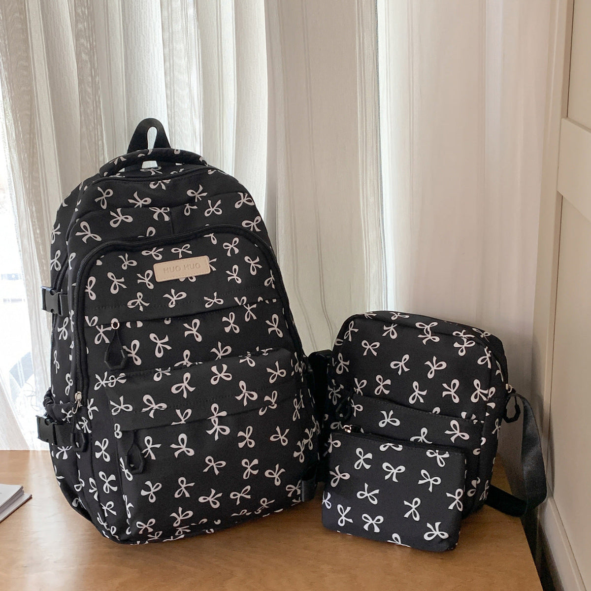 Bow Print Backpack with Padded Shoulder Straps and Multiple Pockets, view 2