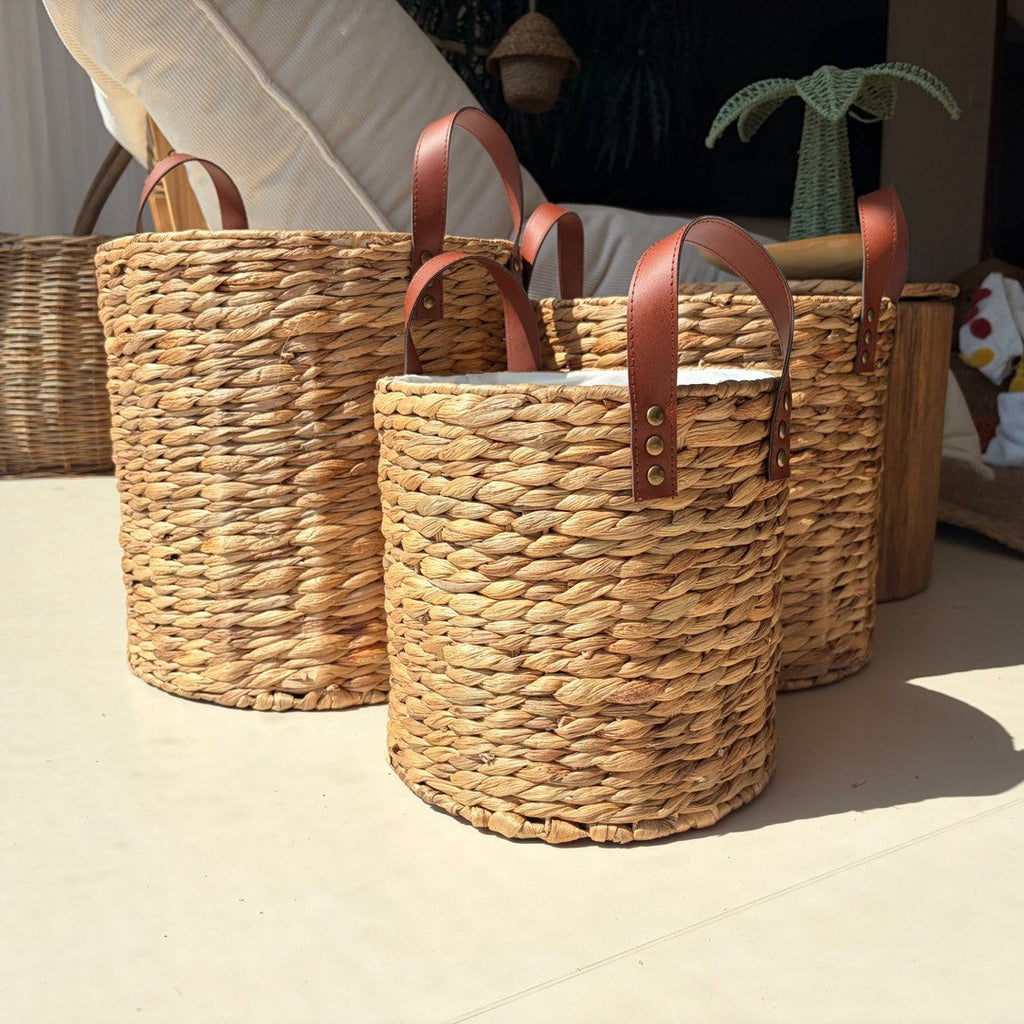 Braided Storage Basket with Leather Handles | High & Bury