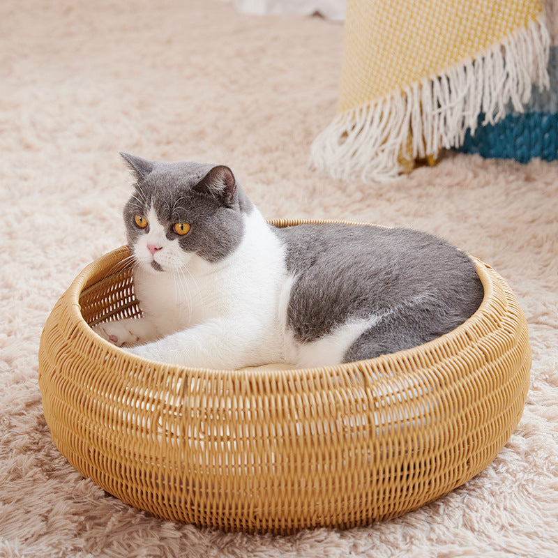 Cat Bed with Round Rattan Decoration | High & Bury