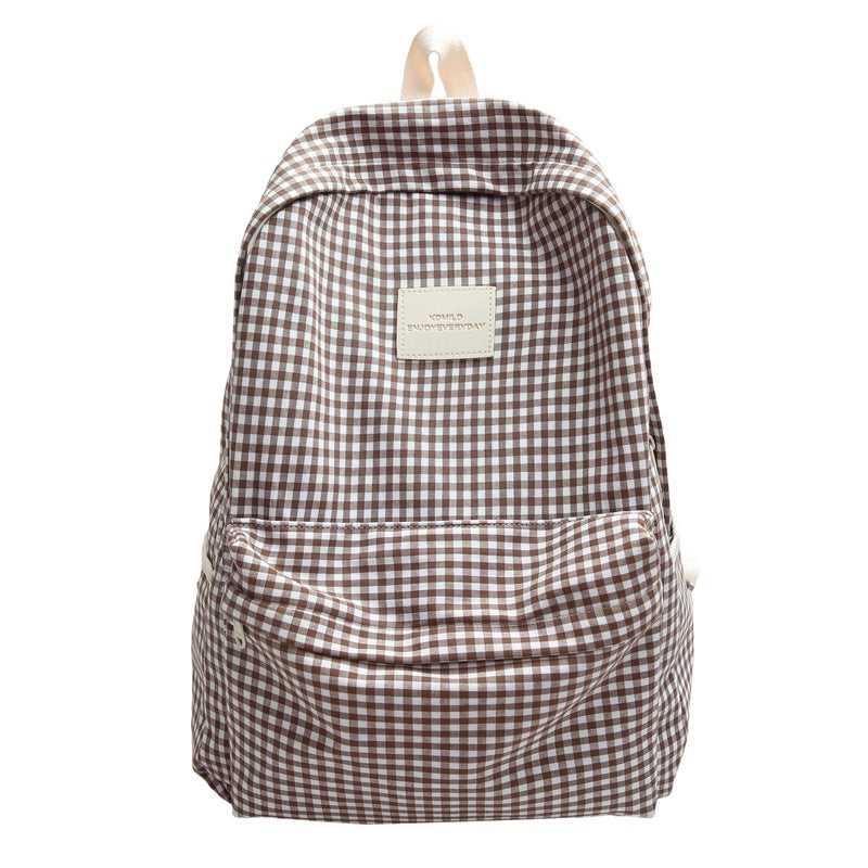 Checked Canvas School Backpack with Main Compartment and Front Pocket, view 3