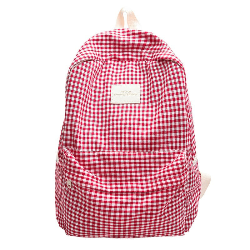 Checked Canvas School Backpack with Main Compartment and Front Pocket, view 4