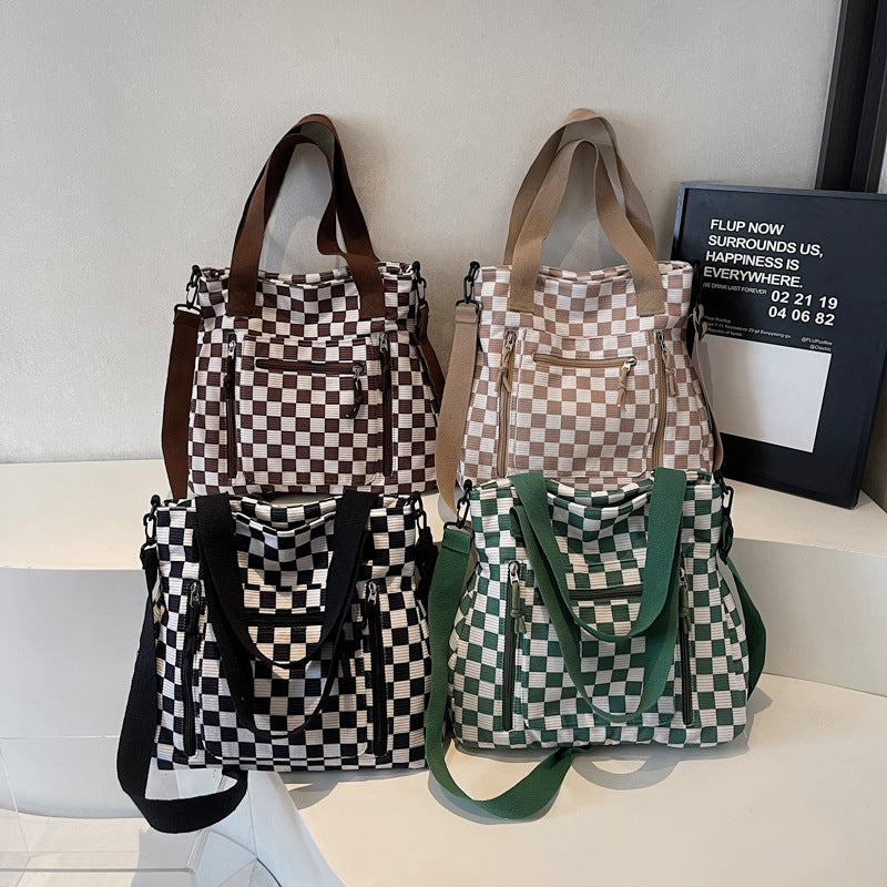Checkered Tote Bag with Zipped Outer Pocket for Everyday Use, view 2