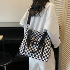 Checkered Tote Bag with Zipped Outer Pocket for Everyday Use, view 4