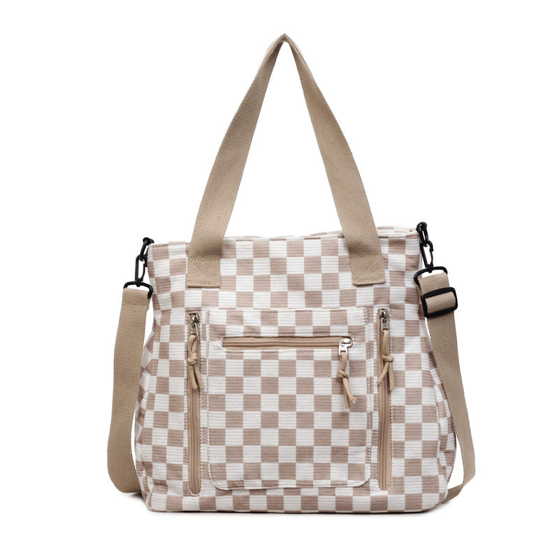 Checkered Tote Bag with Zipped Outer Pocket for Everyday Use, view 5