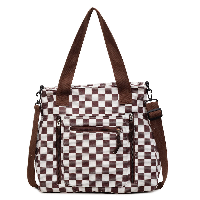 Checkered Tote Bag with Zipped Outer Pocket for Everyday Use, view 6