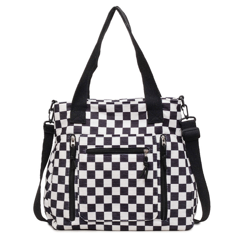 Checkered Tote Bag with Zipped Outer Pocket for Everyday Use, view 7