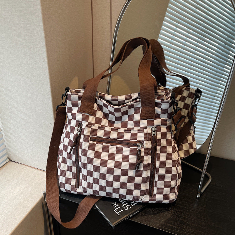 Checkered Tote Bag with Zipped Outer Pocket for Everyday Use
