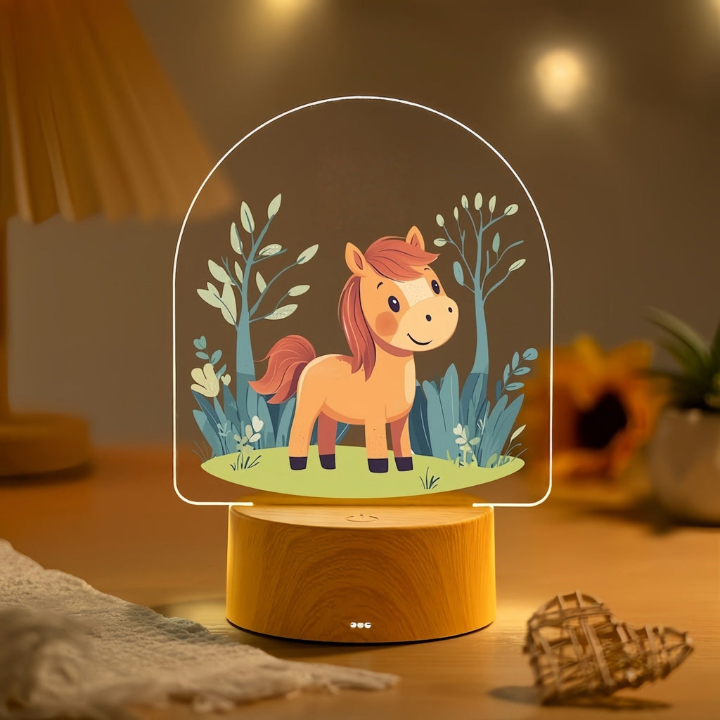 Child LED Acrylic Night Light with Cute Pony Illustration and Wooden Base | High & Bury