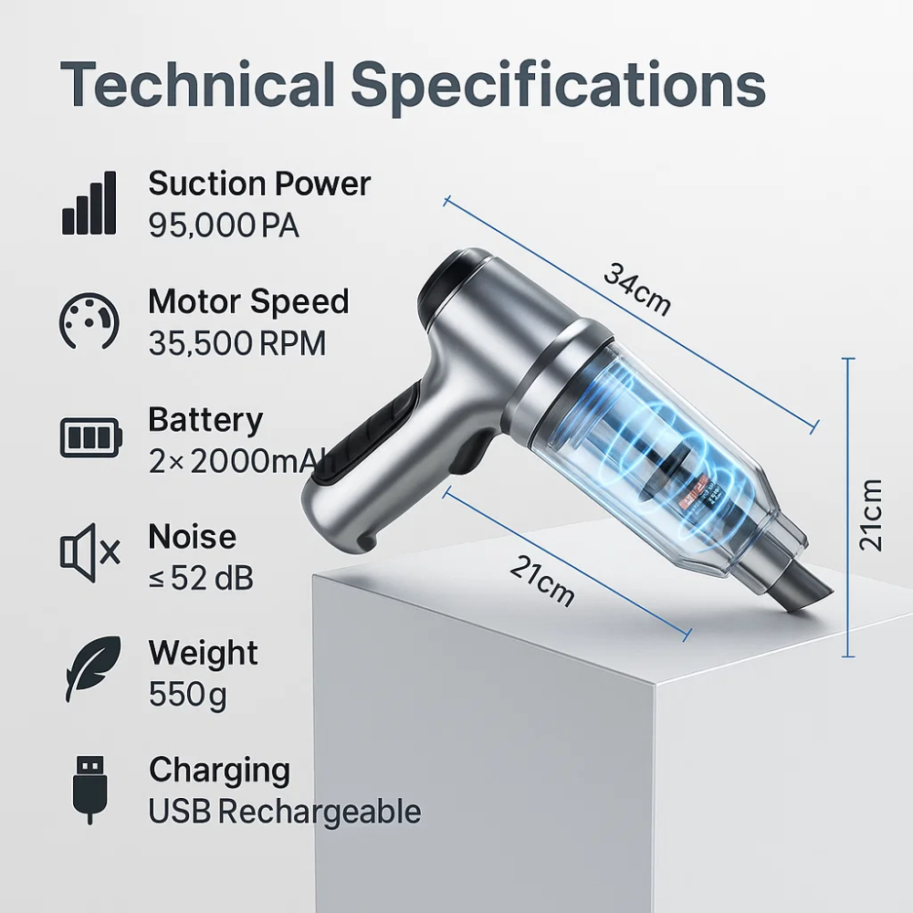 Cordless Handheld Car Vacuum Cleaner with Blower and 6 Attachments, view 5