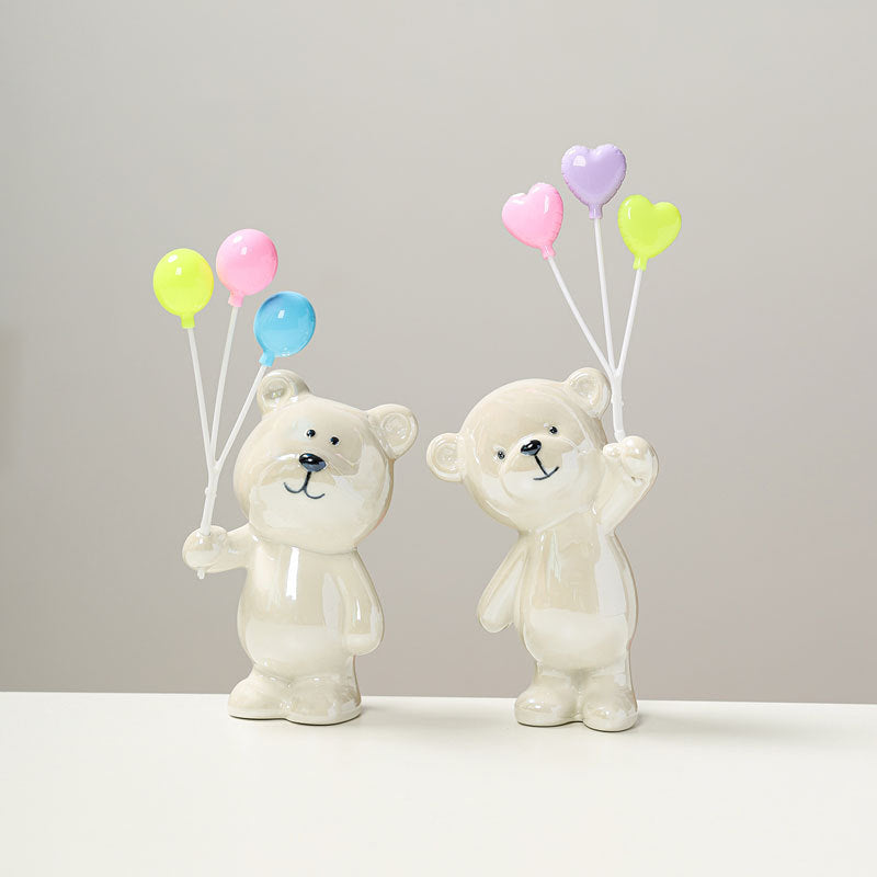 Cute Ceramic Bear Figurine with Balloons | High & Bury