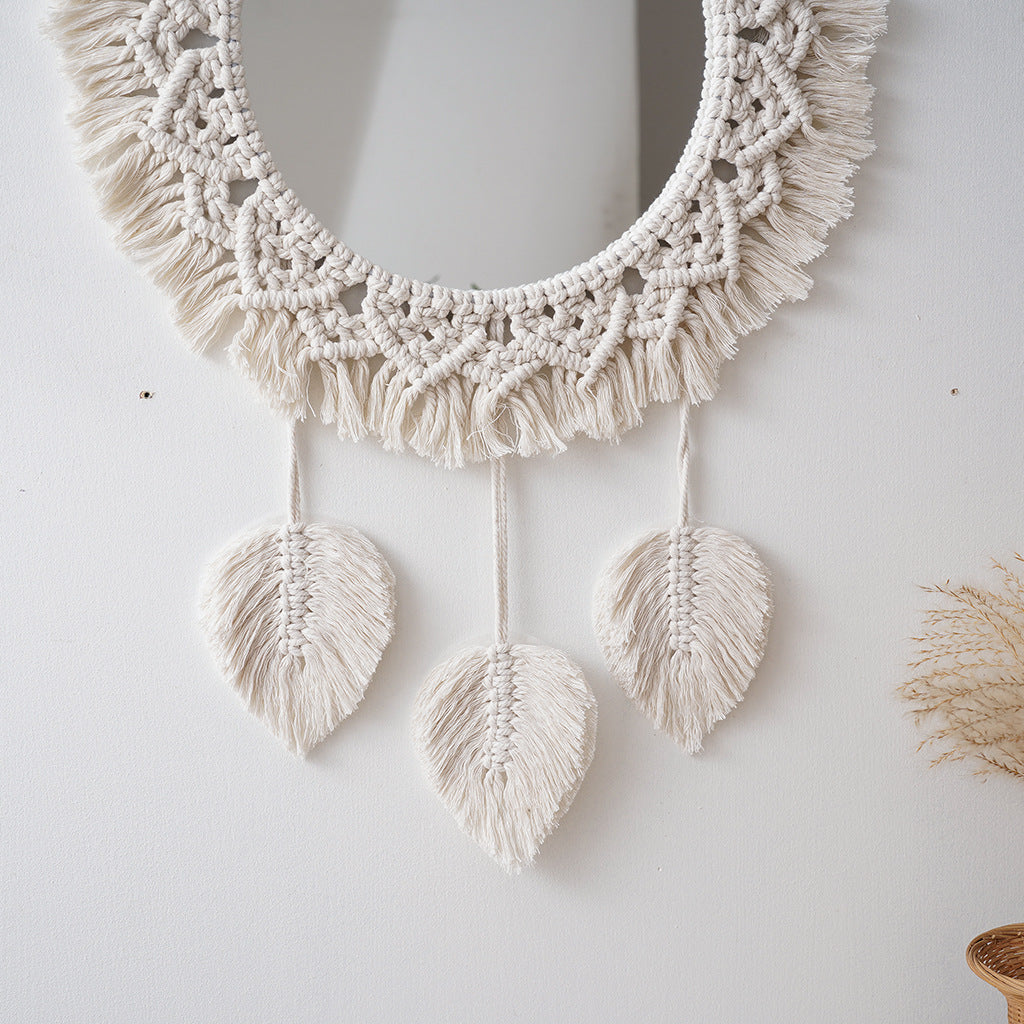 Decorative Macrame Round Wall Mirror Leaf 24 Inch | High & Bury