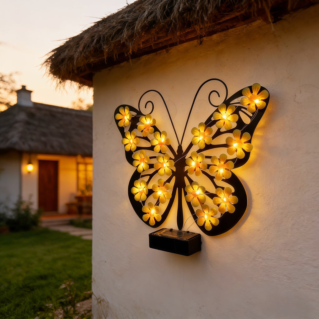 Decorative Metal Butterfly Wall Lamp with Solar-Powered Flower LED String | High & Bury