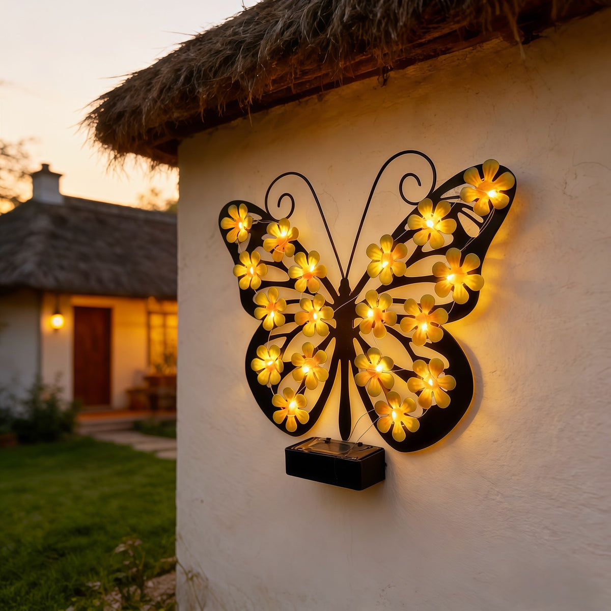 Decorative Metal Butterfly Wall Lamp with Solar-Powered Flower LED String | High & Bury