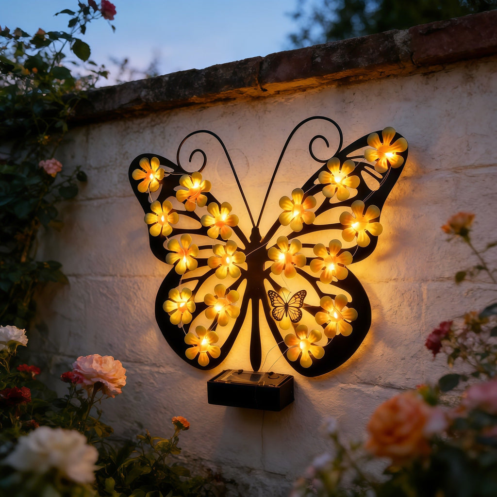 Decorative Metal Butterfly Wall Lamp with Solar-Powered Flower LED String | High & Bury