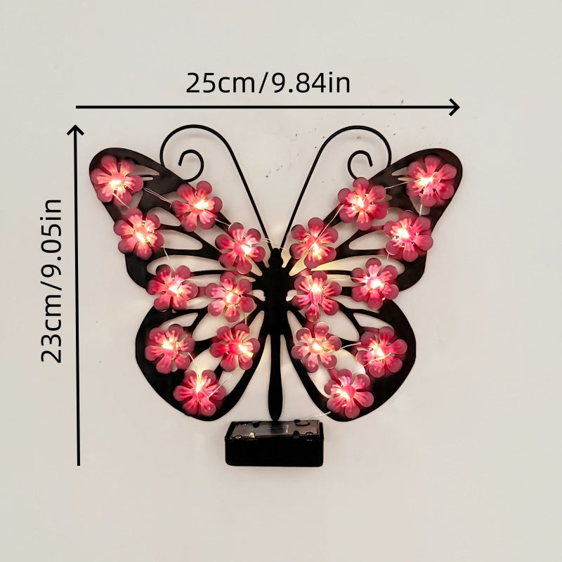 Decorative Metal Butterfly Wall Lamp with Solar-Powered Flower LED String | High & Bury