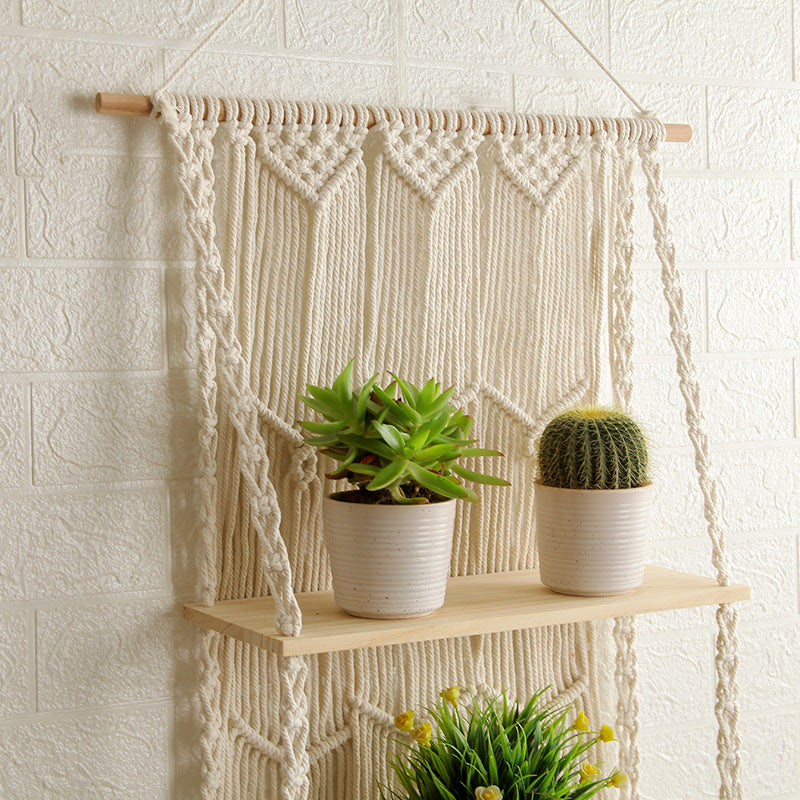 Decorative Wall-Mounted Macrame Shelf with Natural Wooden Accents | High & Bury