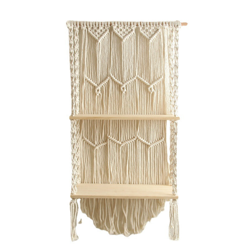 Decorative Wall-Mounted Macrame Shelf with Natural Wooden Accents | High & Bury