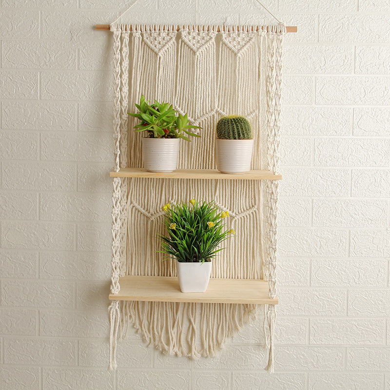 Decorative Wall-Mounted Macrame Shelf with Natural Wooden Accents | High & Bury