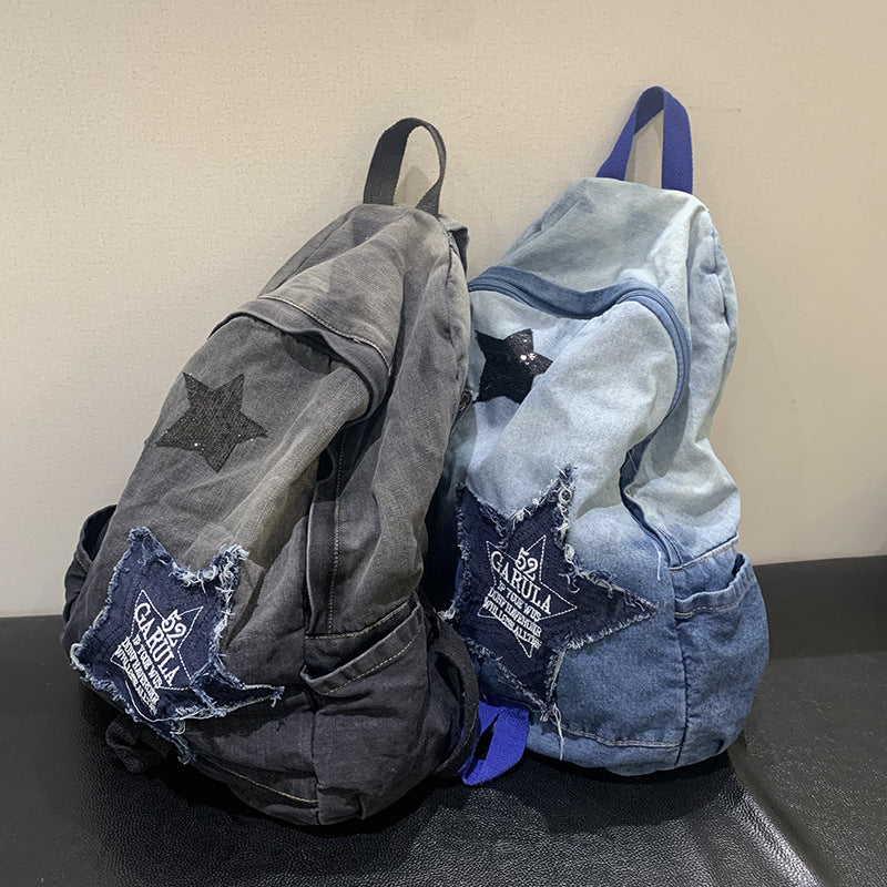 Denim Star Appliqué School Backpack with Adjustable Padded Straps, view 3