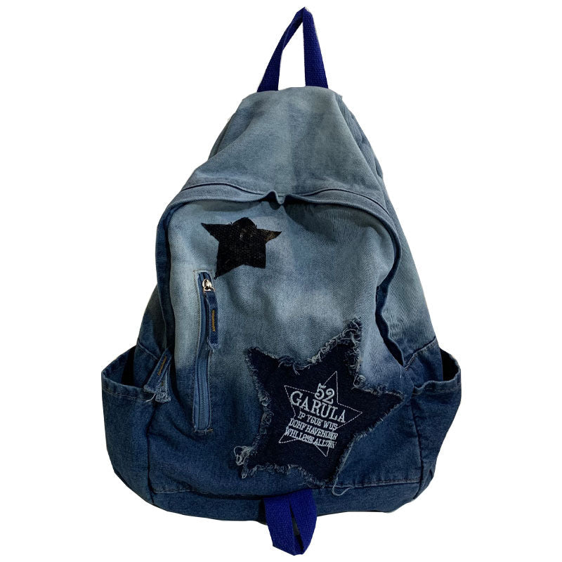Denim Star Appliqué School Backpack with Adjustable Padded Straps