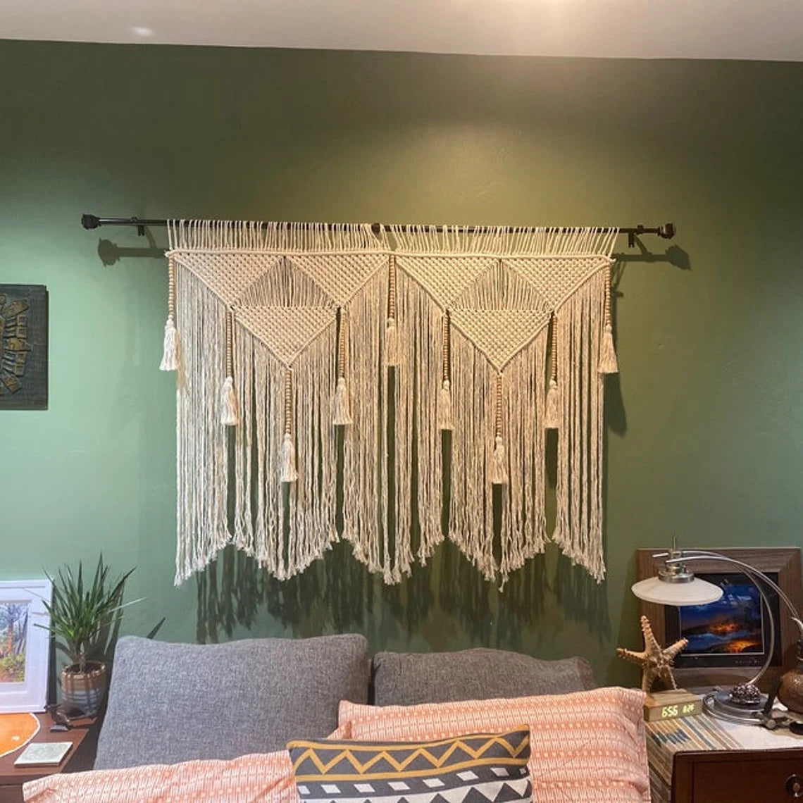 Elegant Macrame Wall Hanging with Ornate Fringes and Leaves | High & Bury