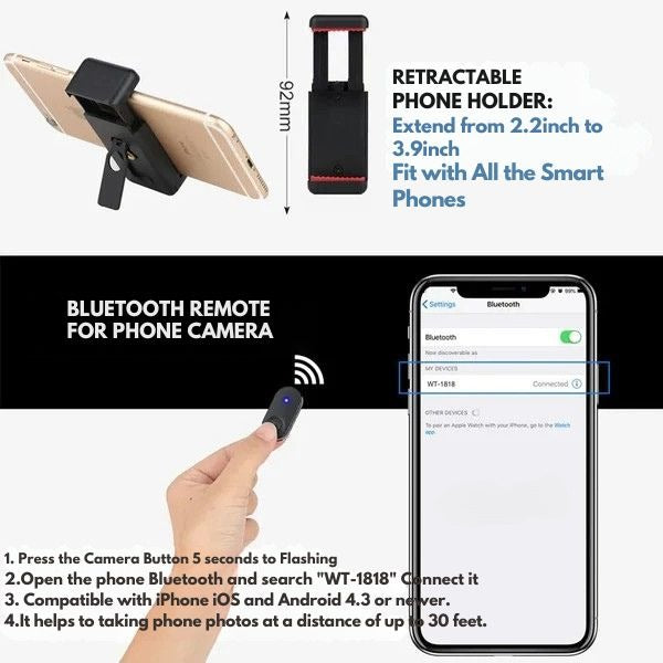 Extendable Aluminium Phone Tripod with Bluetooth Remote and Selfie Stick, view 5