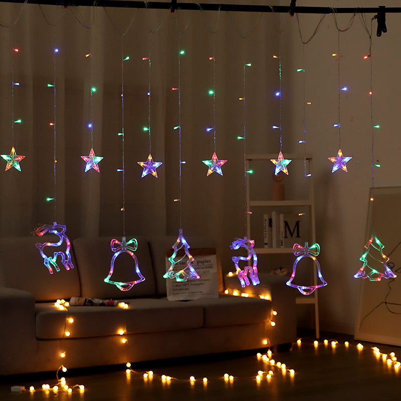 Festive LED Curtain String Lights with Hanging Star-Bell Tree and Reindeer Ornaments | High & Bury