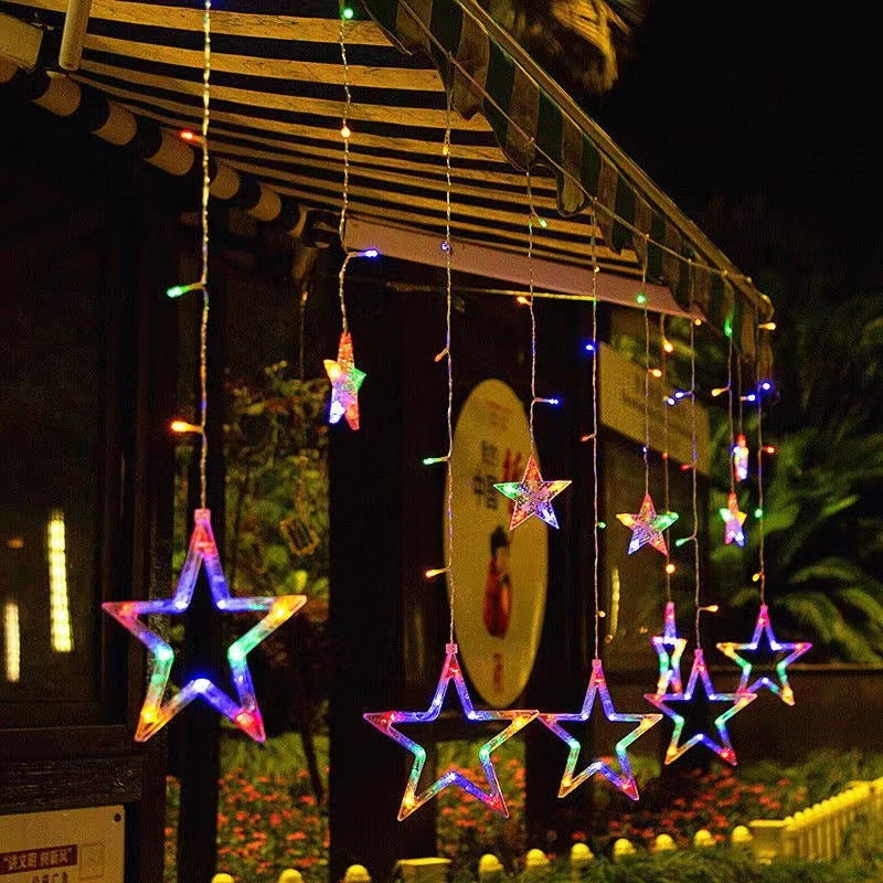 Festive LED Curtain String Lights with Hanging Star-Bell Tree and Reindeer Ornaments | High & Bury
