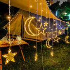 Festive LED Curtain String Lights with Hanging Star-Bell Tree and Reindeer Ornaments | High & Bury