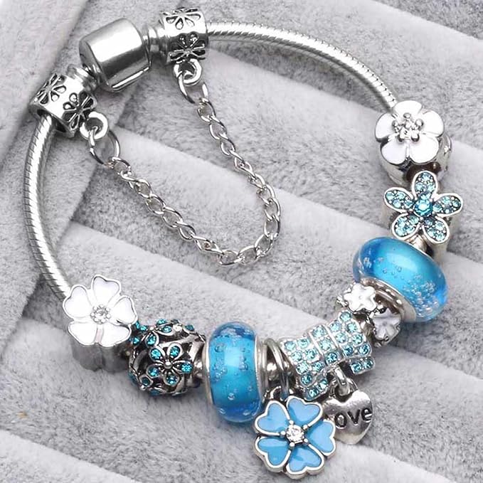 Floral Charm Bracelet in 925 Sterling Silver, Adjustable 16.5cm–19cm, view 2