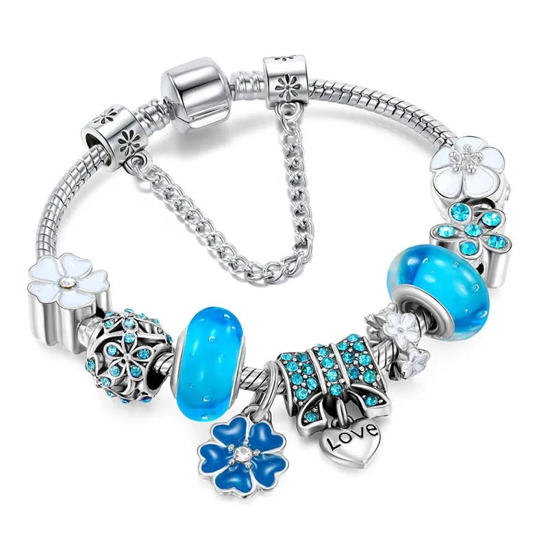 Floral Charm Bracelet in 925 Sterling Silver, Adjustable 16.5cm–19cm