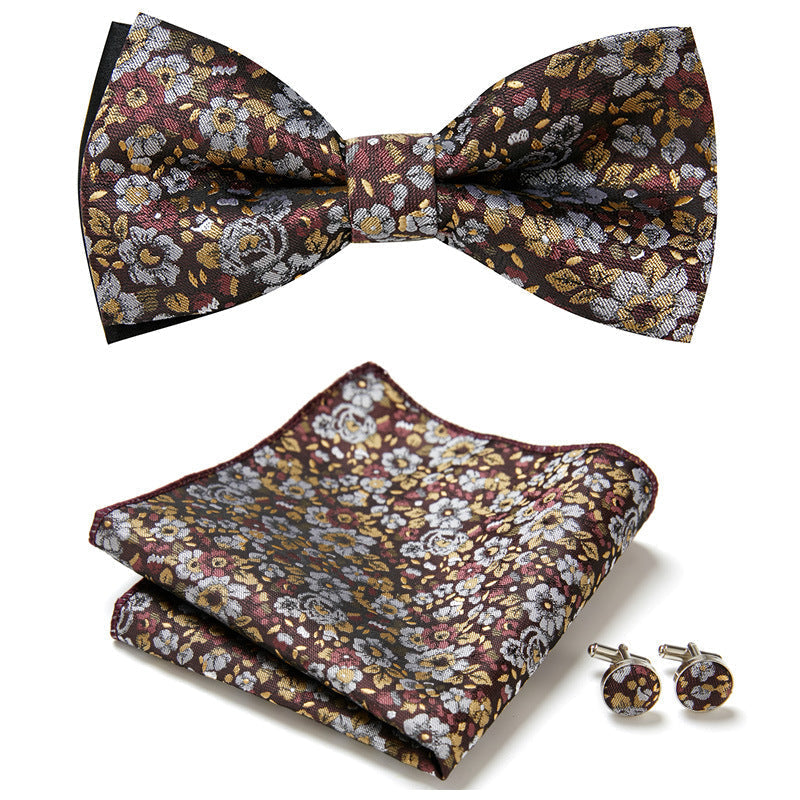 Floral Polyester Bow Tie Set with Pocket Square and Cufflinks, view 27