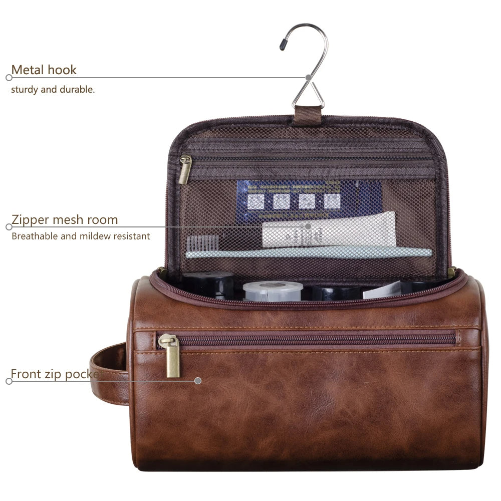 Full-Grain Leather Toiletry Bag, 25 x 13 x 13 cm, Waterproof Lining, view 3
